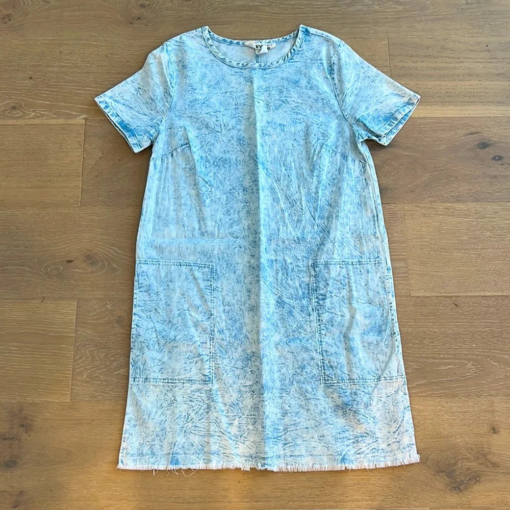 Summer Dress Demin Mini Short Sleeve Dress with Pockets Blue White Crew Neck - Picture 1 of 7